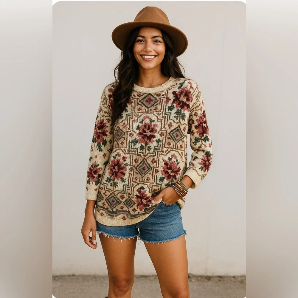 Laura Ashley Cream and Burgundy Floral Sweater - Picture 1 of 6